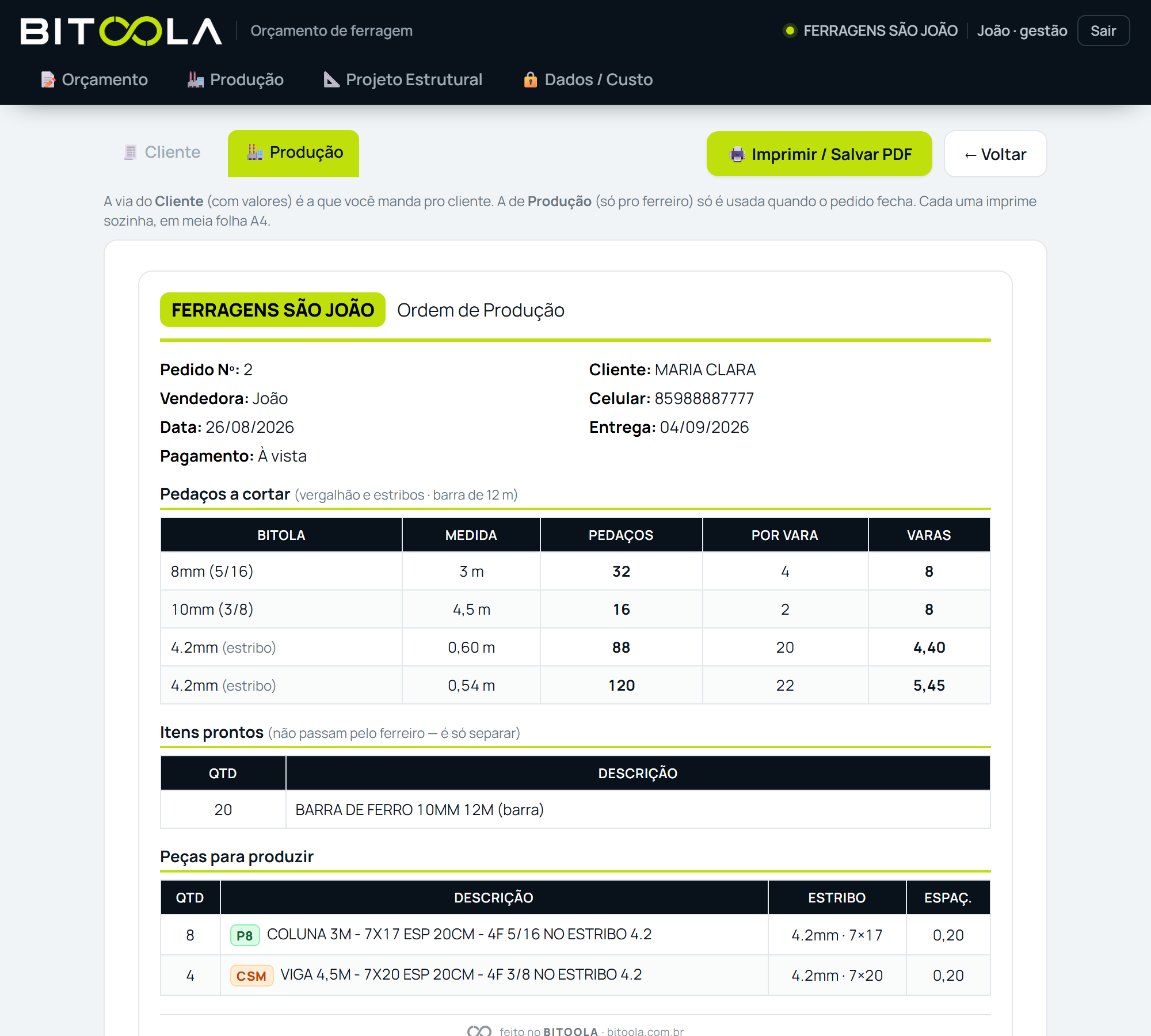 Ordem de produção do Bitoola com a tabela de pedaços a cortar por bitola, quantos saem por vara e quantas varas usar