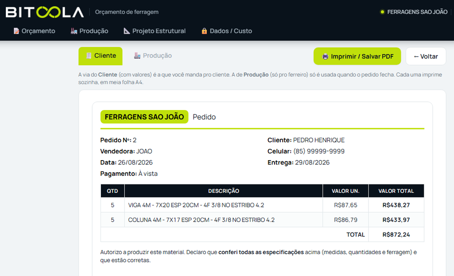 Orçamento do cliente gerado pelo Bitoola, com o nome da loja, os itens e o total