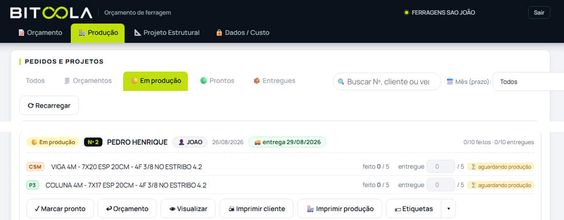 Tela de produção do Bitoola com o pedido em andamento, item por item