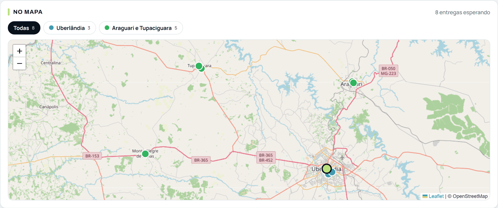 Mapa do Bitoola com as entregas do dia: o depósito em Uberlândia marcado em verde-limão e cada entrega como um pino na cor da sua rota, entre Uberlândia, Araguari, Tupaciguara e Monte Alegre de Minas